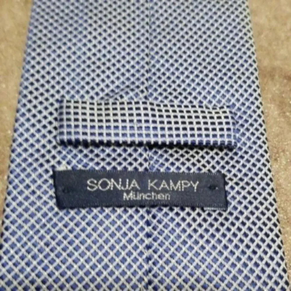 Sonja Kampy Blue & White Metallic Checkered Silk Necktie
